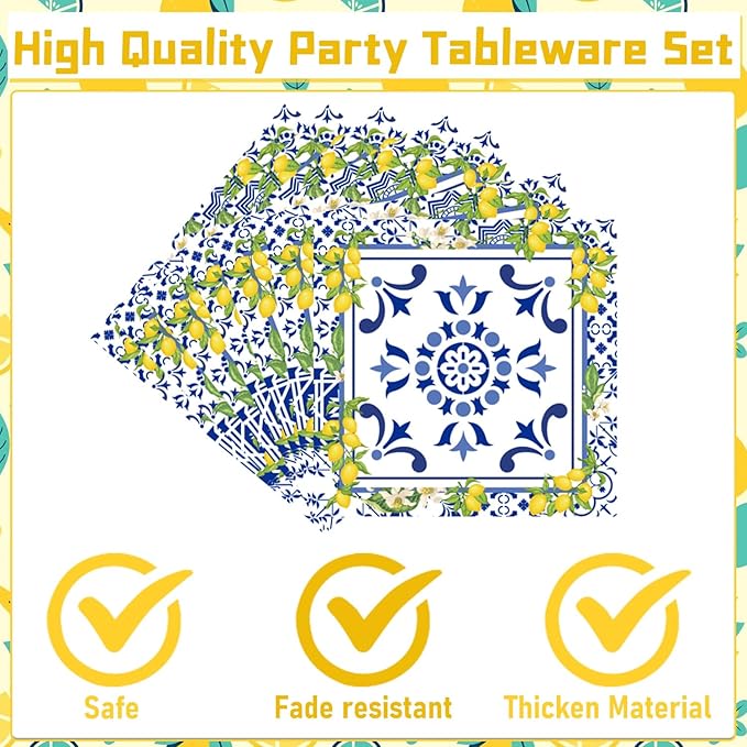 Rakuto Lemon Party Plates Supplies - 96PCS Lemon Party Decorations Supplies Tiles Yellow Lemon Party Paper Plates Napkins Fork Tableware Summer Fruit Lemon Decor Disposable Party Dinnerware(24 Guests)