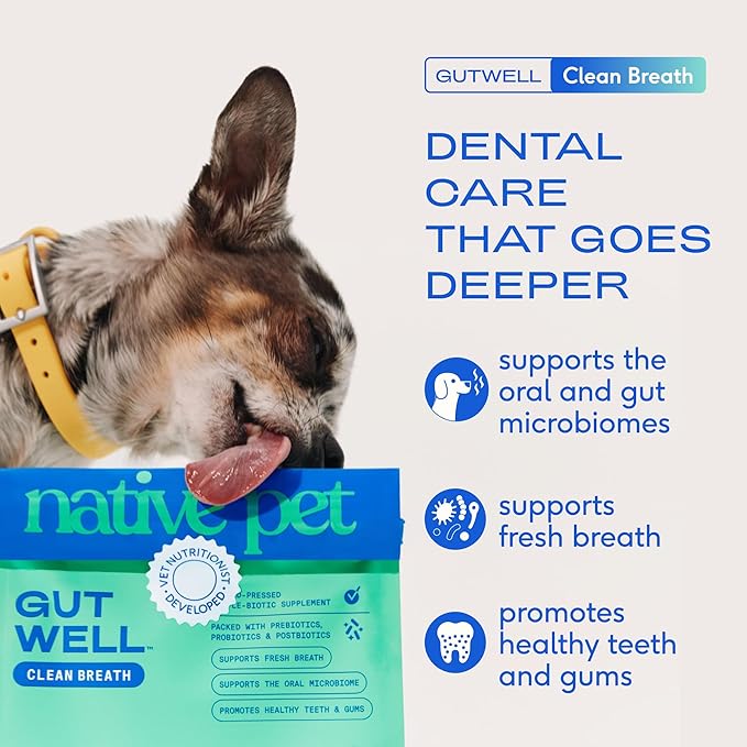 Native Pet GutWell Clean Breath - Dog Breath Freshener & Dog Dental Powder - Teeth Cleaning to Reduce Plaque & Tartar - Promotes Fresh Breath with Targeted Triple-biotic Dental Care Blend - 60 Scoops