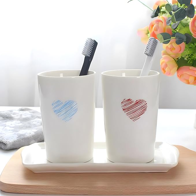 Kelake White Ceramic Tumbler Cup for Bathroom Toothpaste Toothbrush Holders Water Milk Drinks Cup 350 ml Bathroom Blue Heart Couples Cup for Christmas Birthday