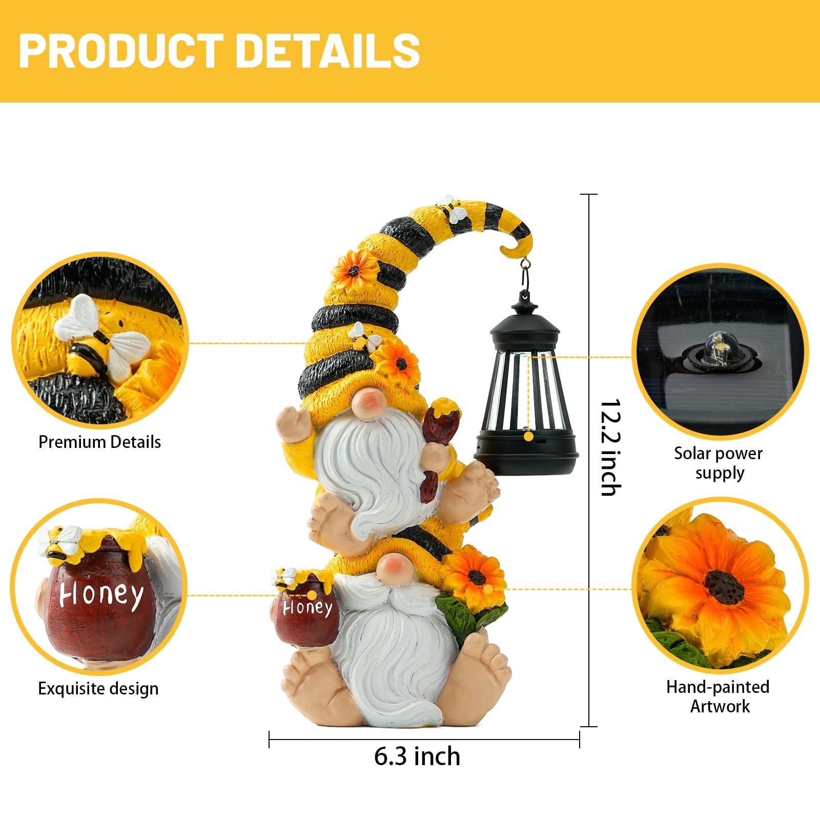 QZZP Solar Bee Garden Gnomes with LED Lantern, 12.2-Inch Outdoor Statue