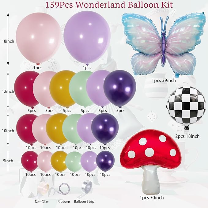 159Pcs Wonderland Balloon Arch Garland Kit with Pink, Yellow, Green, Purple, Butterfly, Mushroom, Checkered Foil Balloons, for Fairy 1st Birthday, Baby Shower, Tea Party, Onederland Birthday