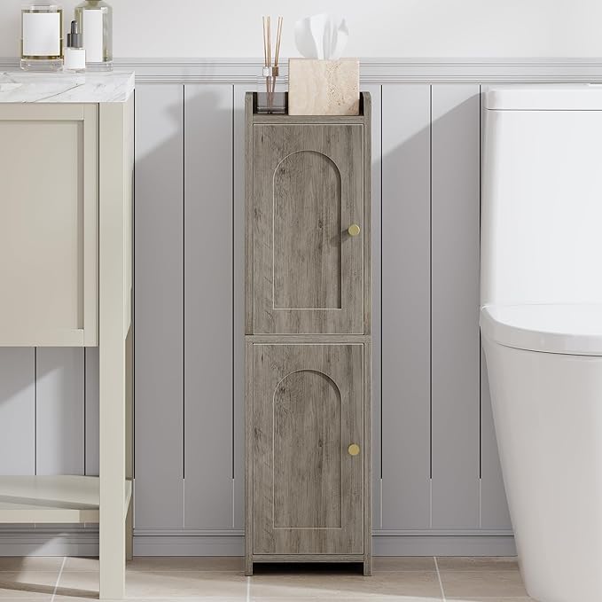 Bathroom Storage Cabinet, Corner Floor Cabinet with 2 Doors and Adjustable Shelf, Narrow Toilet Paper Cabinets, Bathroom Organizer for Small Spaces, 7.9" D x 7.9" W x 29.5" H Greige