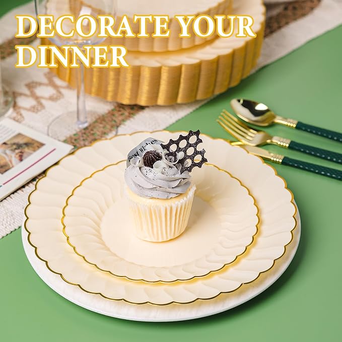 Lullaby 60PCS Light Yellow Scalloped Plastic Plates, Disposable Elegant Plates Include 30pcs Dinner Plate 10.25", 30pcs Plastic Dessert Plate 7.5", Perfect for Wedding and Party
