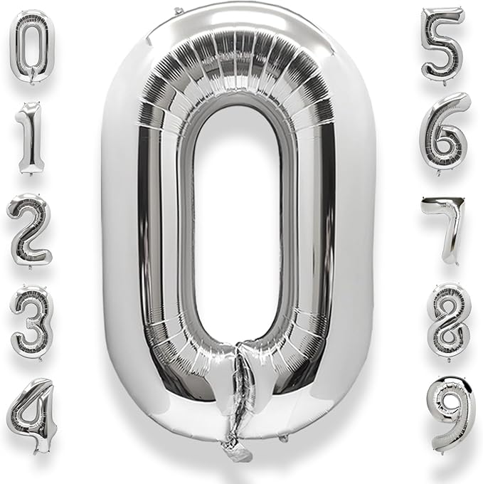 AULE 40 Inch Big Silver 0 Balloon Number Large Foil Helium Number Balloons 0-9 Jumbo Giant Happy 0th Birthday Party Decorations for Boy or Girl Huge Mylar Anniversary Party Supplies