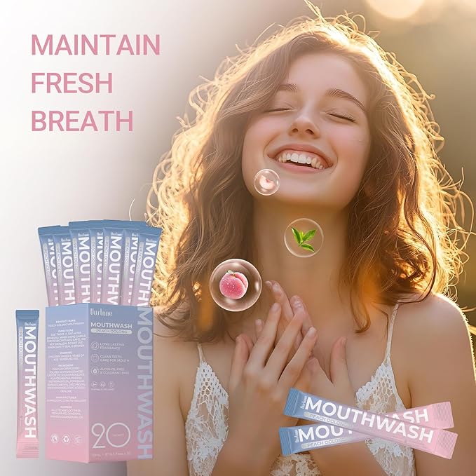 Protable Mouthwash Packets for Travel, Peach Oolong-Tea Flavor, Alcohol-Free, Non-Burning, 15ml/pcs 30 Single Use, TSA Approved for On-The-Go Fresh Breath, Perfect for Work, Gym& Date