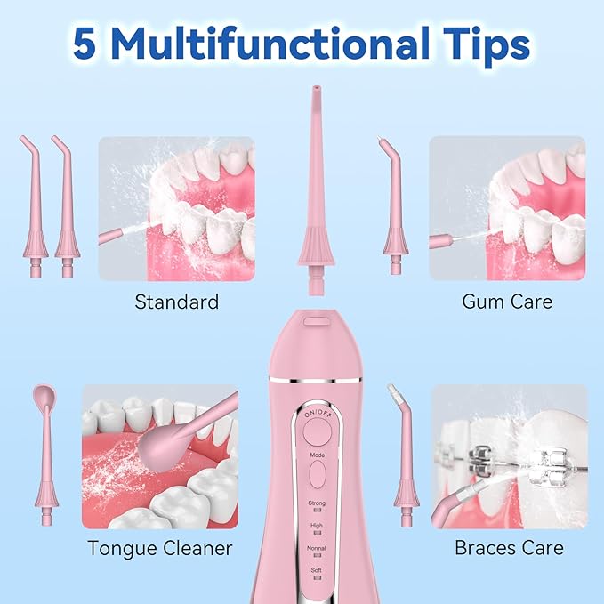 Cordless Portable Water Flosser with 300ML Tank: Rechargeable Oral Irrigator with 5 Tips for Travel, Braces Care and Sensitive Gums, IPX7 Waterproof Teeth Cleaning Device(Pink)