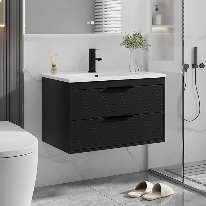eclife 30" Bathroom Vanities Cabinet with Sink Combo, Wall Mounted Floating Cabinet W/Decor Line, Soft-Close System, 2 Extra Big Drawers, Matte Black Faucet, Black