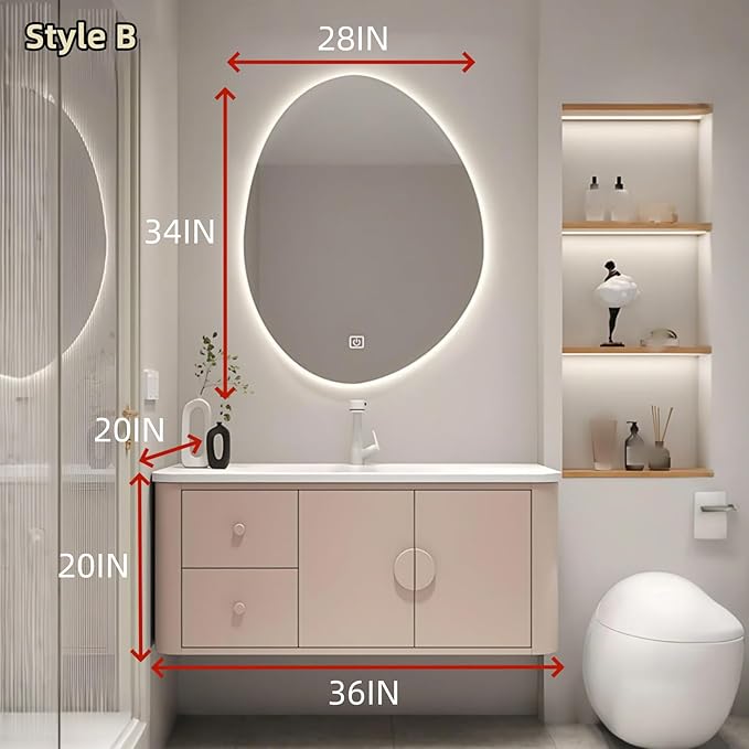 36IN Pink Modern Bathroom Vanity - Bathroom Vanities Set with 2 Drawers Wall Mounted | Rounded Corner Smart Defogging Mirror Cabinet with Lighting & Time Display, Side Opening Storage Shelf (Style B)
