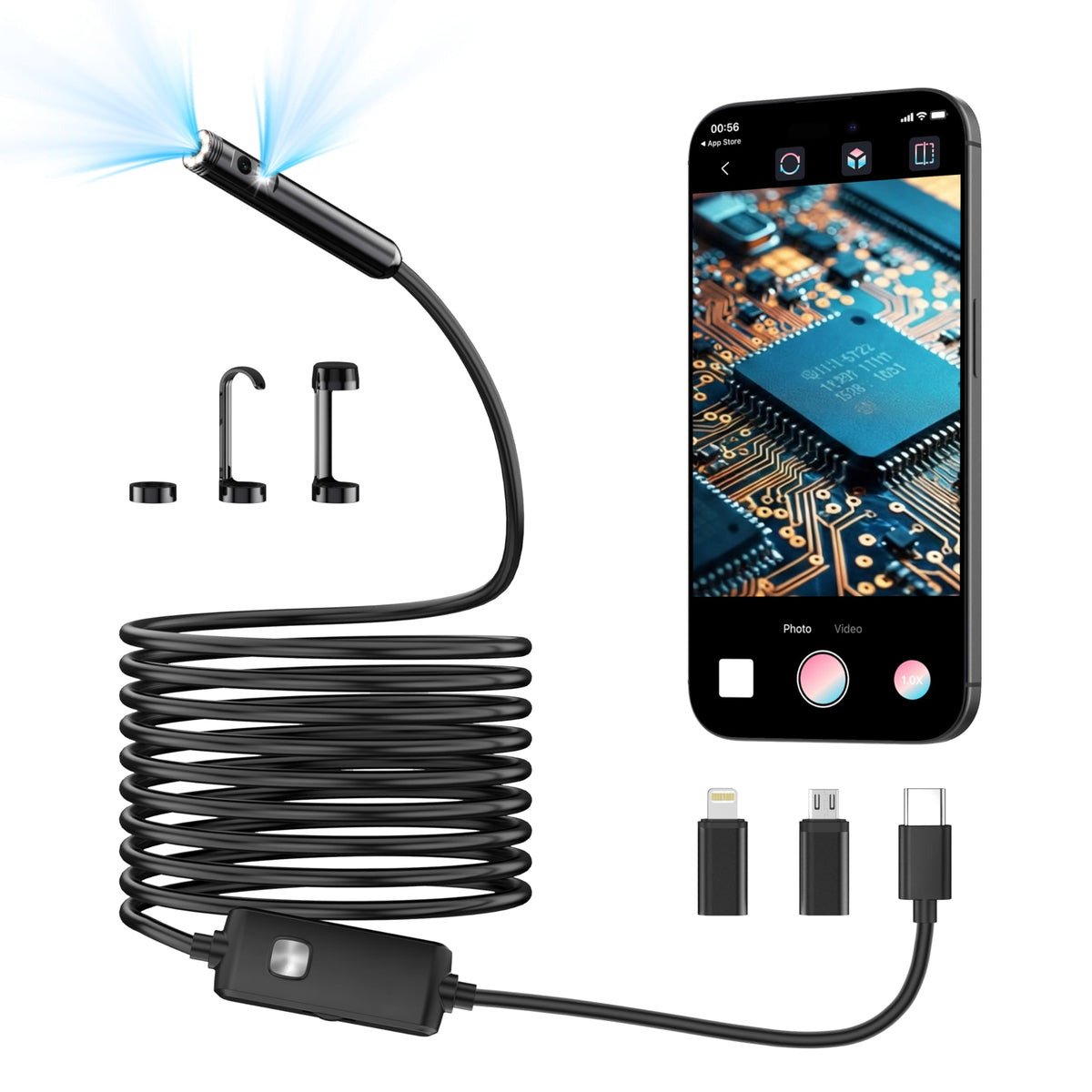 [Dual-Lens] Endoscope Camera with Light,1920P HD Borescope with 8+1 Adjustable LED Lights, IP67 Waterproof Endoscope with Semi-Rigid Snake Cable, Inspection Borescope for iOS and Android-16.4ft
