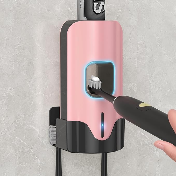 Automatic Toothpaste Dispenser Wall Mounted - Smart Touchless Toothpaste Squeezer with 3 Adjustable Levels, 2 Toothbrush Holders- for Kids and Adults, Bathroom Essentials