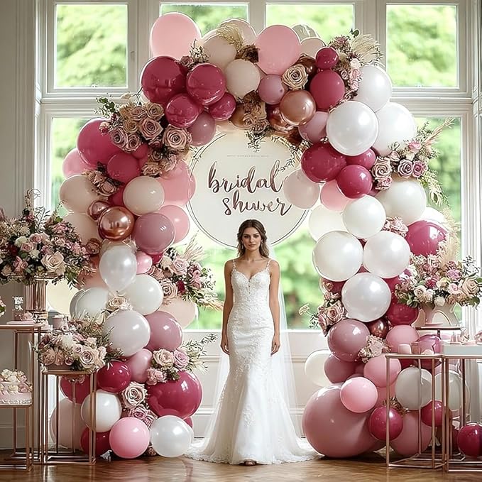 Dusty Rose Pink Balloon Garland Double Stuffed Dark Pink Mauve Pearl White Latex Balloons Blush Cream Balloon Arch Kit for Birthday Bridal Baby Shower Wedding Mother's Day Party Decorations