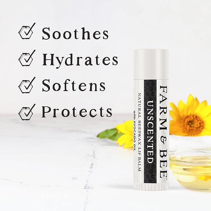 Natural Lip Balm - Organic & Natural Ingredients - Beeswax Based Moisturizing Lip Care Chapstick for Chapped Lips - Great Gift Idea - Farm & Bee - 0.15oz (Pack of 4 - Unscented)