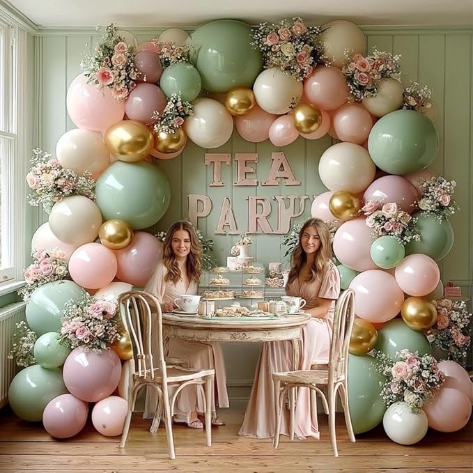 Dusty Green Pink Balloon Arch Double Stuffed Pastel Baby Pink Light Green White Cream Balloon Metallic Gold Latex Balloons for Baby in Bloom Bridal Shower Birthday Wedding Easter Party Decorations