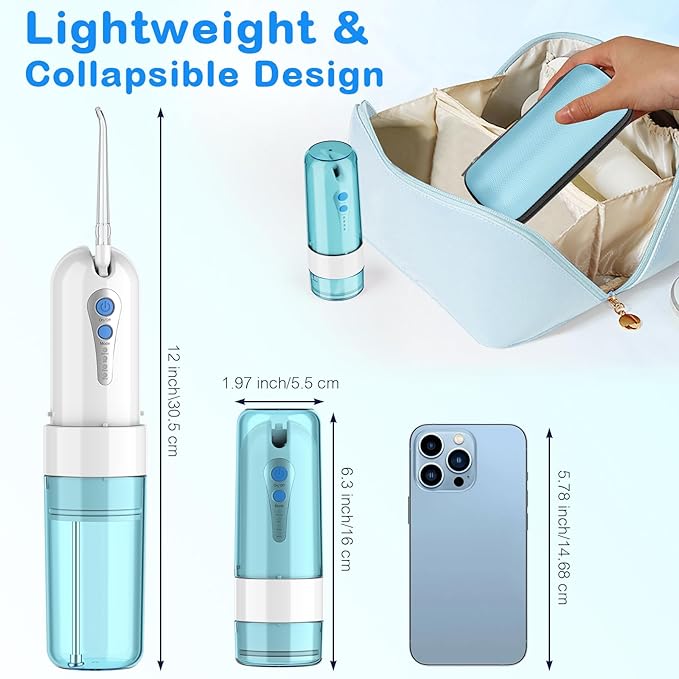 Water Dental Flosser for Teeth Cleaning and Flossing with Travel Size Case – Rechargeable Oral Irrigator, KOOVON Portable Water Flosser for Adults, IPX7 Waterproof, 5 Jet Tips & 4 Modes, Blue