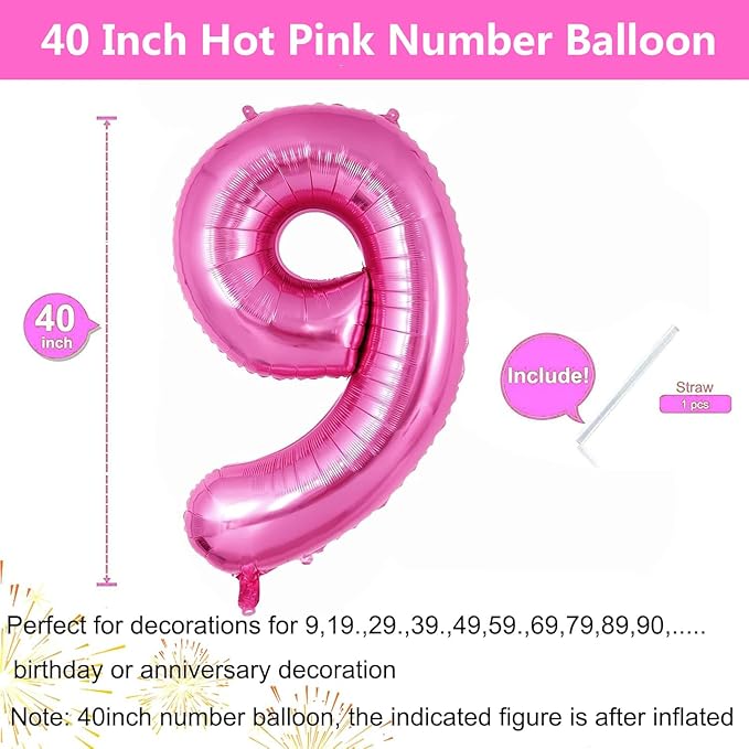 Pink Number Balloons, Large Hot pink Number 9 Balloon 40 Inch Pink 9 Balloon for Men Women Boys Girls 9th Birthday Party Decoration