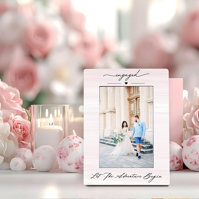 Engagement 4x6 Picture Frame, Let the Adventure Begin Engagement Photo Frames, Wedding Gifts for Newlyweds Couples Wife Husband, Just Engaged Picture Photo Frames for Desk Decor