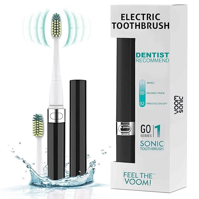 Voom Sonic 2-Pack Hers & His Go 1 Series Travel Electric Toothbrush (Black+Blue), Travel Toothbrushes - Battery Operated Toothbrush for Adults & Kids, Dentist Recommended Toothbrush,