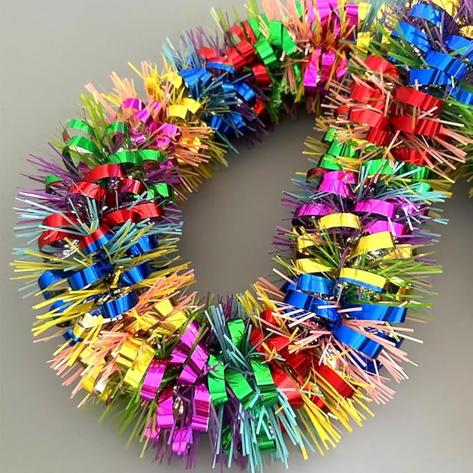 33Ft Long Tinsel Twist Garland Shiny Thick Metallic Foil Xmas Tree Decorations for Birthday Party Halloween Parade Floats Christmas New Year Parties and Other Holidays Hanging Decor Supplies-Colours
