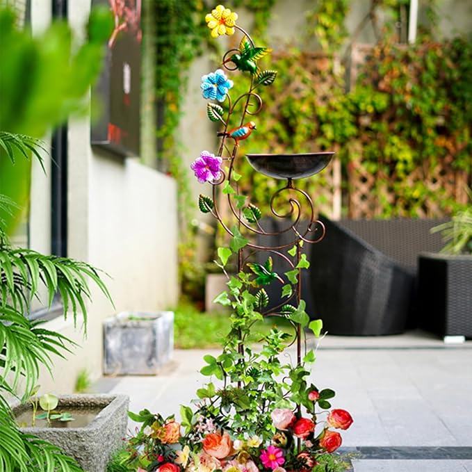 57" Height Metal Bird Bath with Trellis for Outdoor, Vintage Decorative Bird Baths, Small Garden Plant Support, Antique BirdBath for Climbing Plants with Detachable Iron Bowl (Hummingbird)