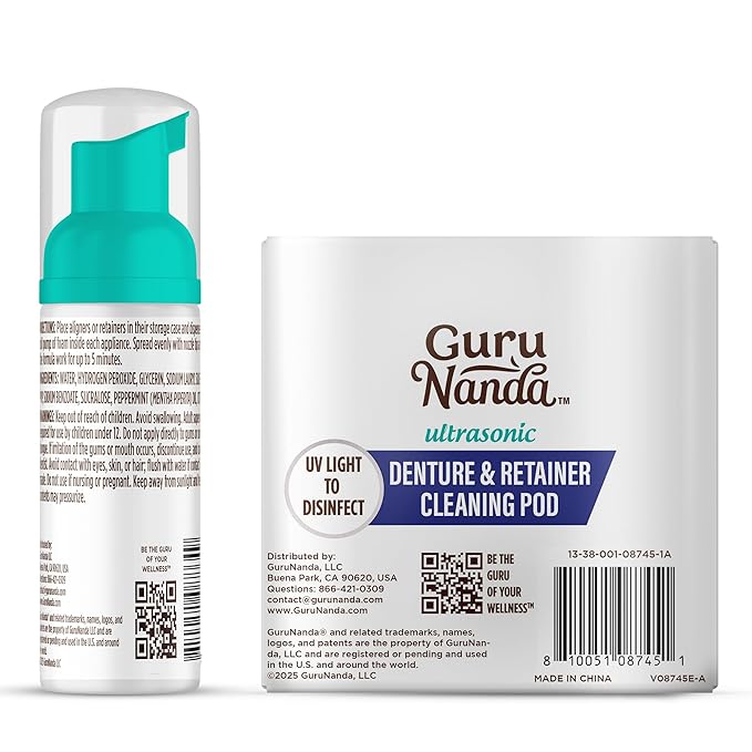 GuruNanda Retainer Cleaner Set – Ultrasonic & UV Cleaning Pod & Aligner Cleaning Foam, Deep Clean & Odor Neutralization for Retainers, Aligners, Dentures & Mouthguards