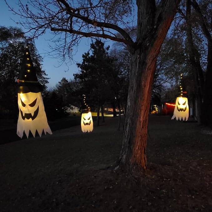 Halloween Decorations Outdoor 3Pcs Large Size Hanging Lighted Glowing Ghost Witch Hat Decor with Lights String for Party Indoor Outside Ornaments and Yard Tree Garden