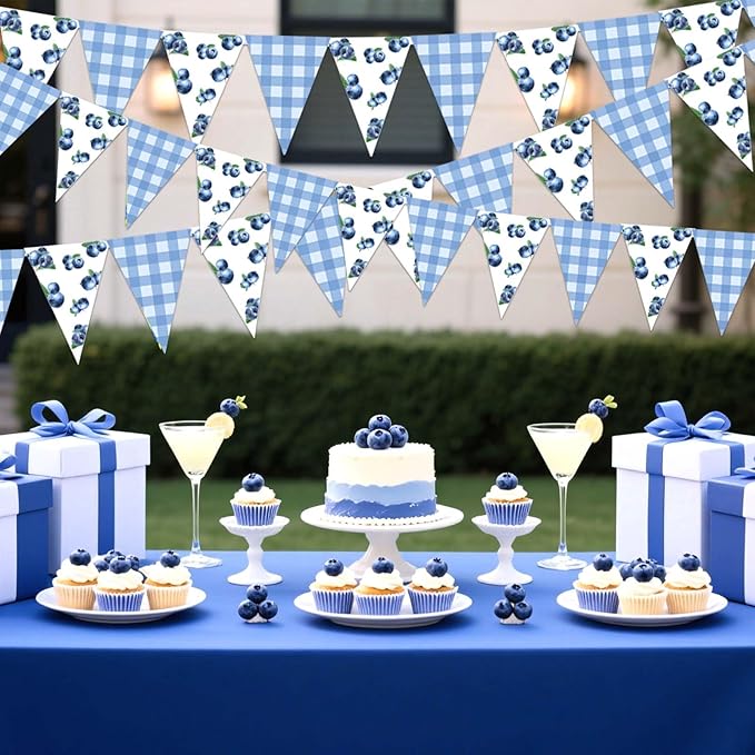 Jollyboom Blueberry Baby Shower Decorations, 3pcs Pennant Banner Triangle Garland Flags Paper Pre-Strung 8.3 x 5.9 inches for Baby Shower Birthday Party Blueberry Fruit Indoor Outdoor Party