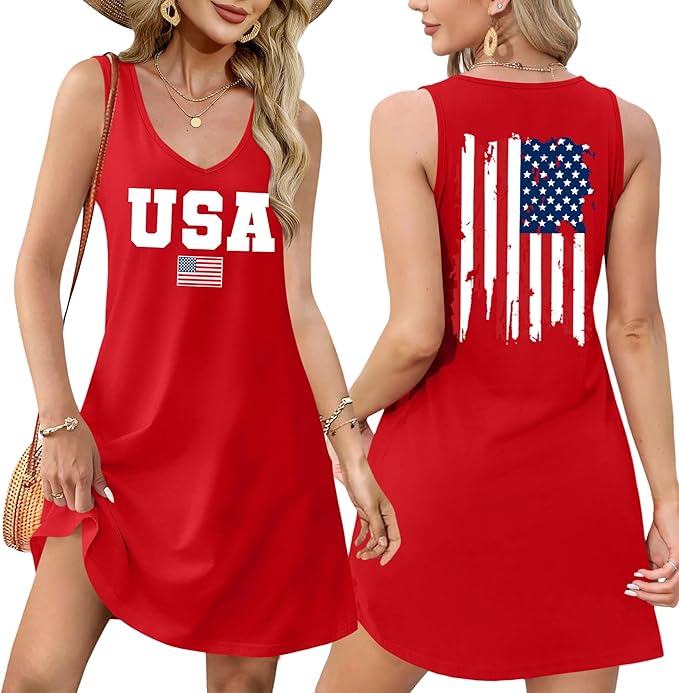 LHBNK 4th of July Dress for Women: American Flag Tank Dresses Star Striped Splicing Loose V Neck Sundresses
