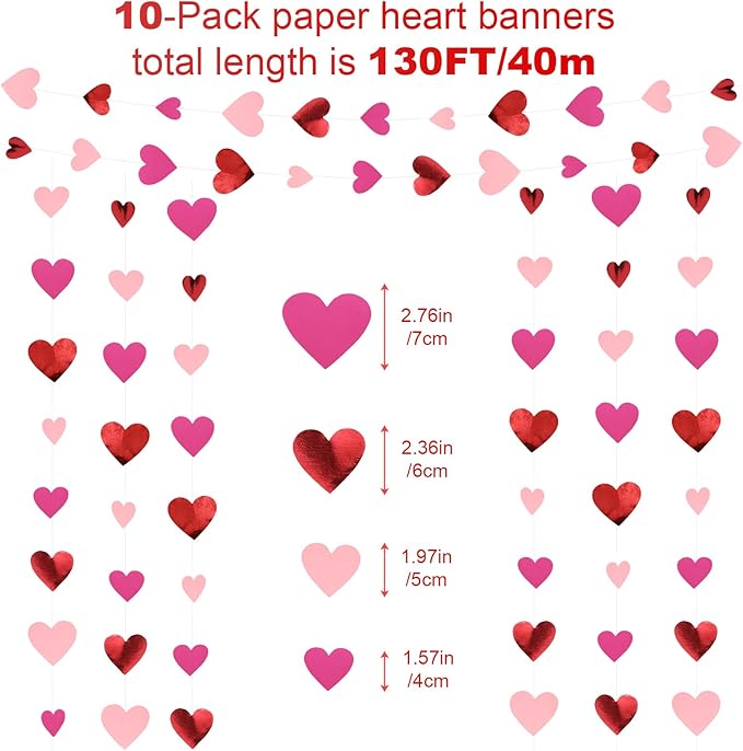 10 Pack 130ft Rose Red Pink Heart Party Garland Asymmetrical Love Hanging Banners for Birthday Wedding Decorations Mothers Day Bachelorette Bridal Shower Engagement