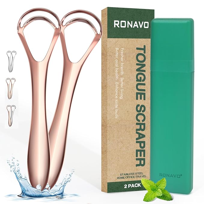 RONAVO Tongue Scraper (Elegant in Rose Gold), Tongue Cleaner for Elegant Women, Metal Tongue Scraper | Take Care of Your Shining Tongue, Remove Tongue Coating, Reduce Bad Breath, with Travel Case