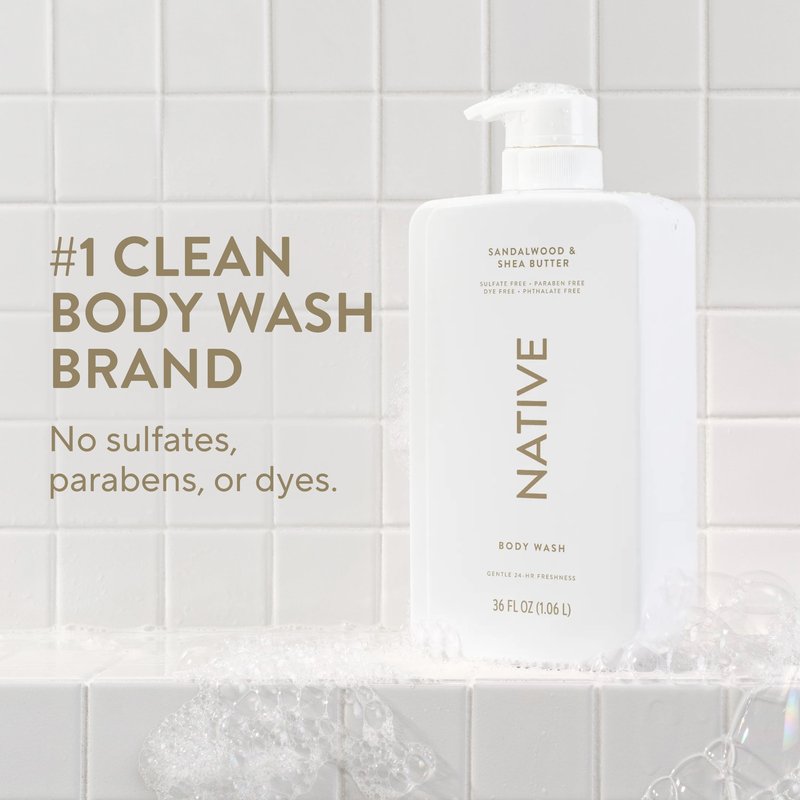 Native Body Wash for Women & Men, Sandalwood & Shea Butter, 36 oz Pump Bottle, Sulfate-Free & Gentle