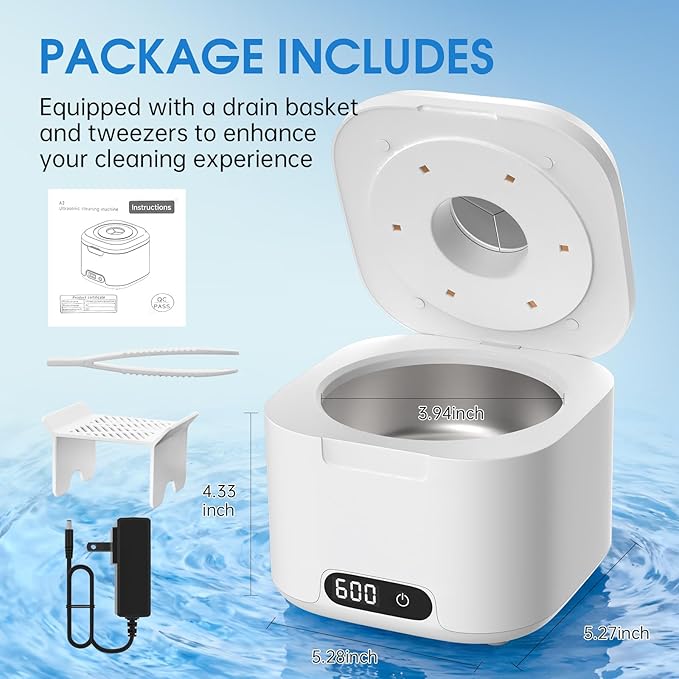 Ultrasonic Retainer Cleaner with UV Light, 49kHz Dental Ultrasonic Cleaner Machine with Digital Timer,Stainless Steel Tank for Retainers, Aligners, Dentures, Night Guards & Jewelry-White