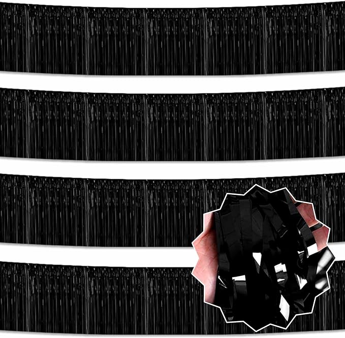 4 Pack 10 Ft Black Foil Fringe Garland Metallic Streamers Tinsel Banner Wall Hanging Garland Backdrop for Parade Floats, Halloween, Christmas, Thanksgiving, New Year Party Decorations