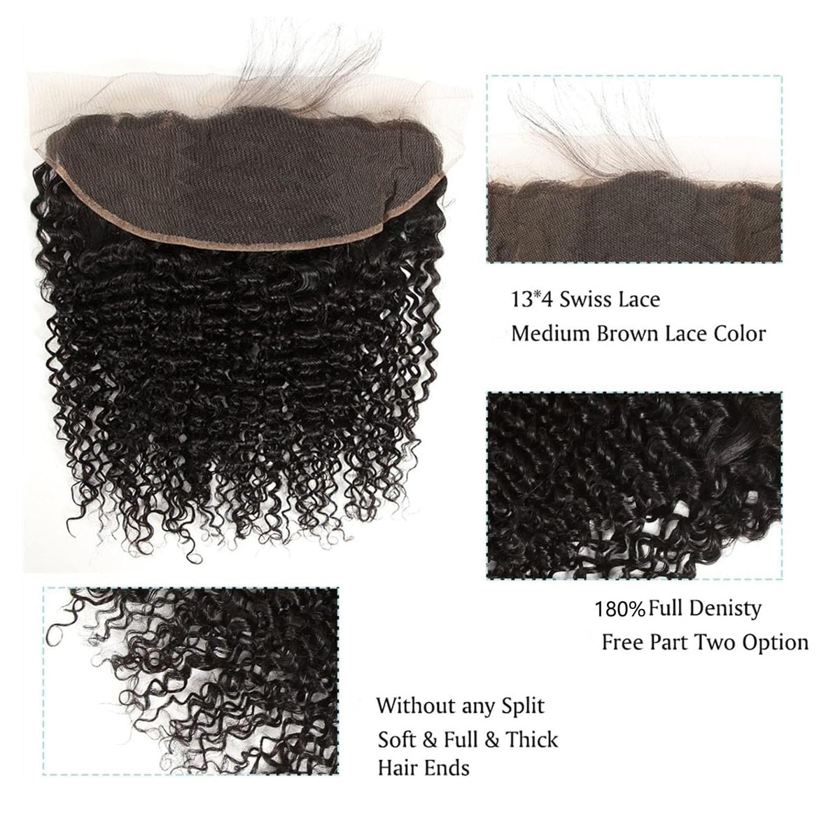 13x 4 Kinky Curly Lace Closure Free Part 13x4 Ear to Ear Lace Frontal Brazilian Virgin Human Hair Frontals Natural Black 180% Density (13x 4 Kinky Curly, 14 inch)