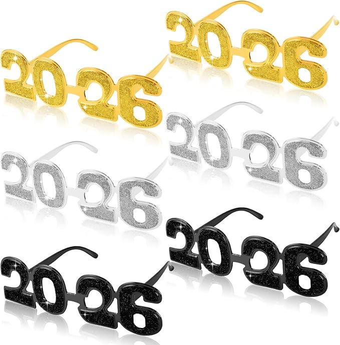 2026 Plastic Glasses Happy New Year Glitter Eyeglasses for 2026 Party New Year Eve Costume Photo Prop Supplies