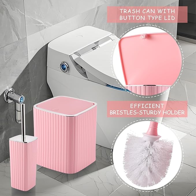 Bathroom Set with Shower Curtain and Rugs- 25PC Pink Bathroom Accessories, Shower Curtain Set, Toilet Brush, Trash Can, Qtip Holder Dispenser & Soap Dispenser