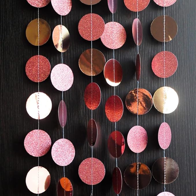 JEYE Glitter Rose Gold Circle Dots Party Garland Decoration Metallic Paper Hanging Streamer Bunting Banner Backdrop Decor for Birthday Wedding New Year(Pack of 2, 26 Feet in Total)