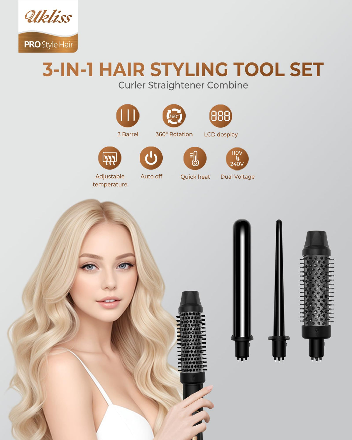 Ukliss 3 in 1 Curling Iron Set, Heated Round Brush for Straightening Curling Detangling, Ceramic Curling Wand for Versatile Styling, Dual Voltage Curling Iron Travel Friendly (Black)