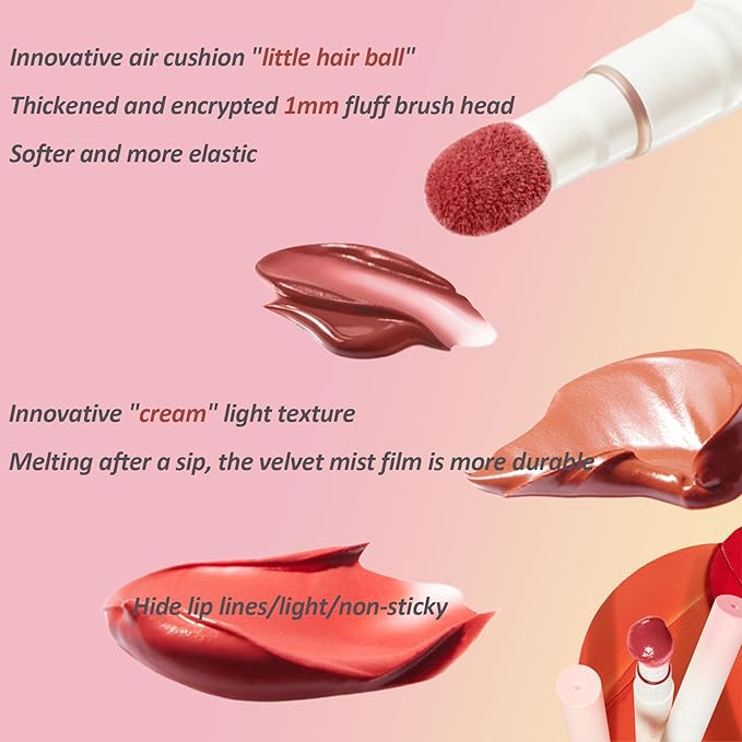Cushion Lip Powder Cream, Matte Lip Cream - Long-Lasting & Smooth Skin, Non-Drying, Moisturizing Non-Fading Lipstick, CreaM Velvet Finish, Lightweight (N14 Cherry pink)