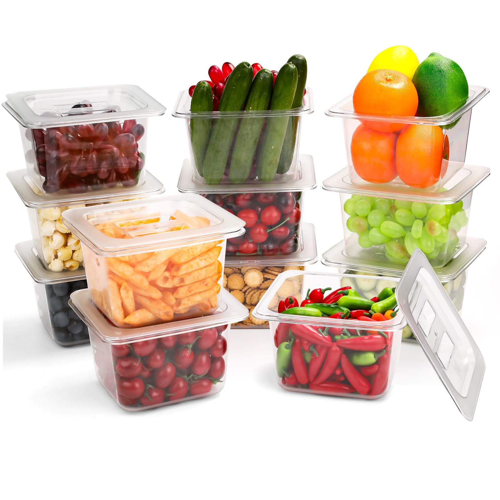VOISEN 12 Pack Plastic Food Pan with Lids 1/6 Size 4 Inch Deep Commercial Food Storage Containers for Fridge Salad Fruits Vegetables Clear Restaurant Polycarbonate