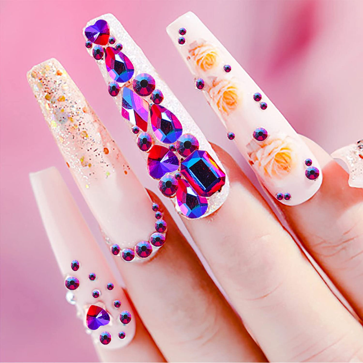 JERCLITY 1620pcs Flat Back Rose AB Nail Rhinestones Pink Nail Rhinestones for Nails Round Beads Crystals Glass Gems Stones Multi Shapes Sizes Nail Rhinestones for Nail Face Art Clothes Shoes Bags DIY