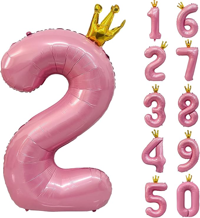 40 inch Pink Number 2 Balloon with Crown, Pink Crown Balloons 0-9 for 2nd Birthday Party Anniversary Decorations Supplies