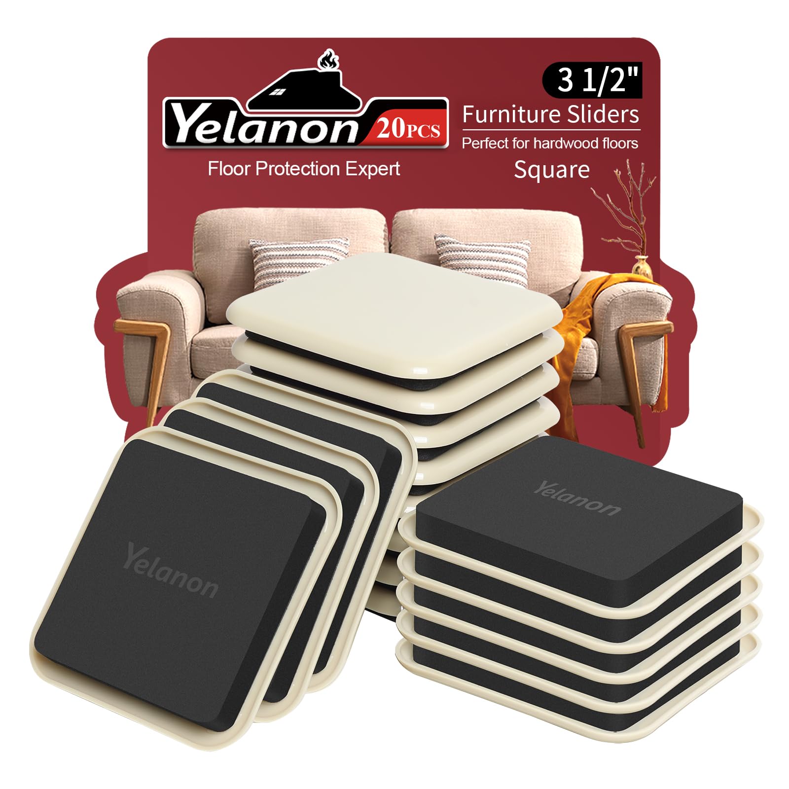 Yelanon Furniture Sliders, 20 pcs-3 1/2” Square Beige Furniture Sliders for Carpet, Furniture Pads for Hardwoods Floors，Furniture Movers Sliders, Reusable Moving Pads, Floor Protectors for Carpet
