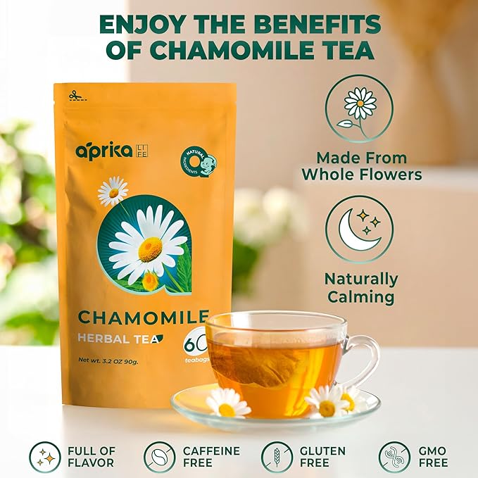 100% Pure Chamomile Tea - Only Flowers without Stems, Chamomile Tea Bags Caffeine Free, 60 count, Calming Tea Chamomile by Aprika Life