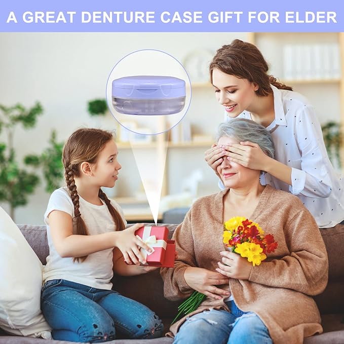 Denture Case, Leak Proof Denture Bath Case Cup Kit for Travel Cleaning, Denture Holder Box Bath Soaking Container for Women & Men with Mirror, Strainer, Removal Tool and Denture Brush(Blue)