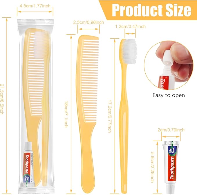 NICEMOVIC 240 Pack Disposable Toothbrushes Bulk with Toothpaste and Comb Travel Size Toothpaste Set Homeless Care Package Supplies for Bulk Individually Wrapped Disposable Travel Hotel Charity, Yellow