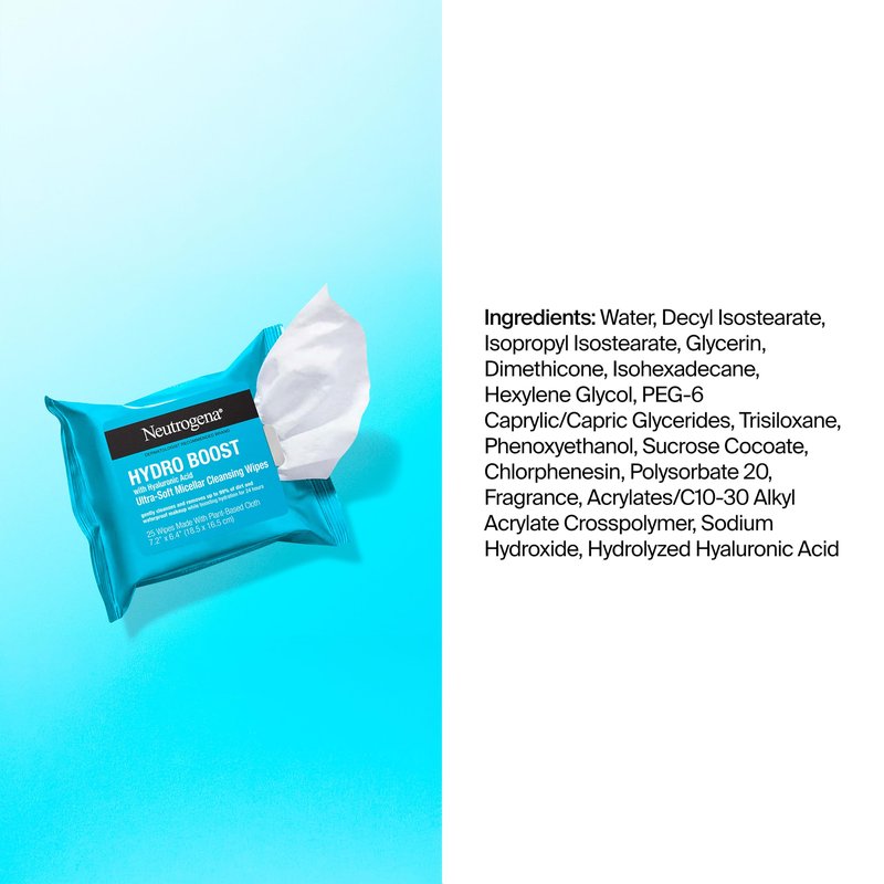 Neutrogena Hydro Boost Cleansing Wipes Makeup Remover for Face Micellar Gently Removes Oil, Dirt, and Waterproof Makeup Daily with Hydrating Hyaluronic Acid, 25 ct