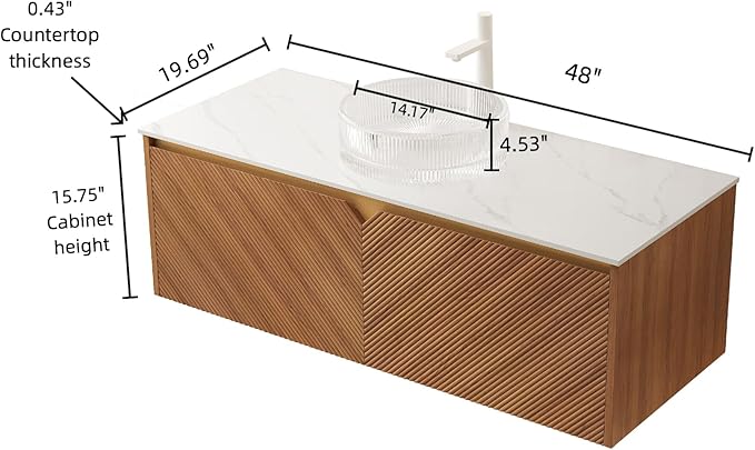 48 Inch Bathroom Vanity with Sink, Floating Fluted Vanity with Vessel Sink, Modern Wall Mounted Bathroom Vanity Cabinet with 2 Doors, Glass Vessel Sink & Sintered Stone Top, Oak