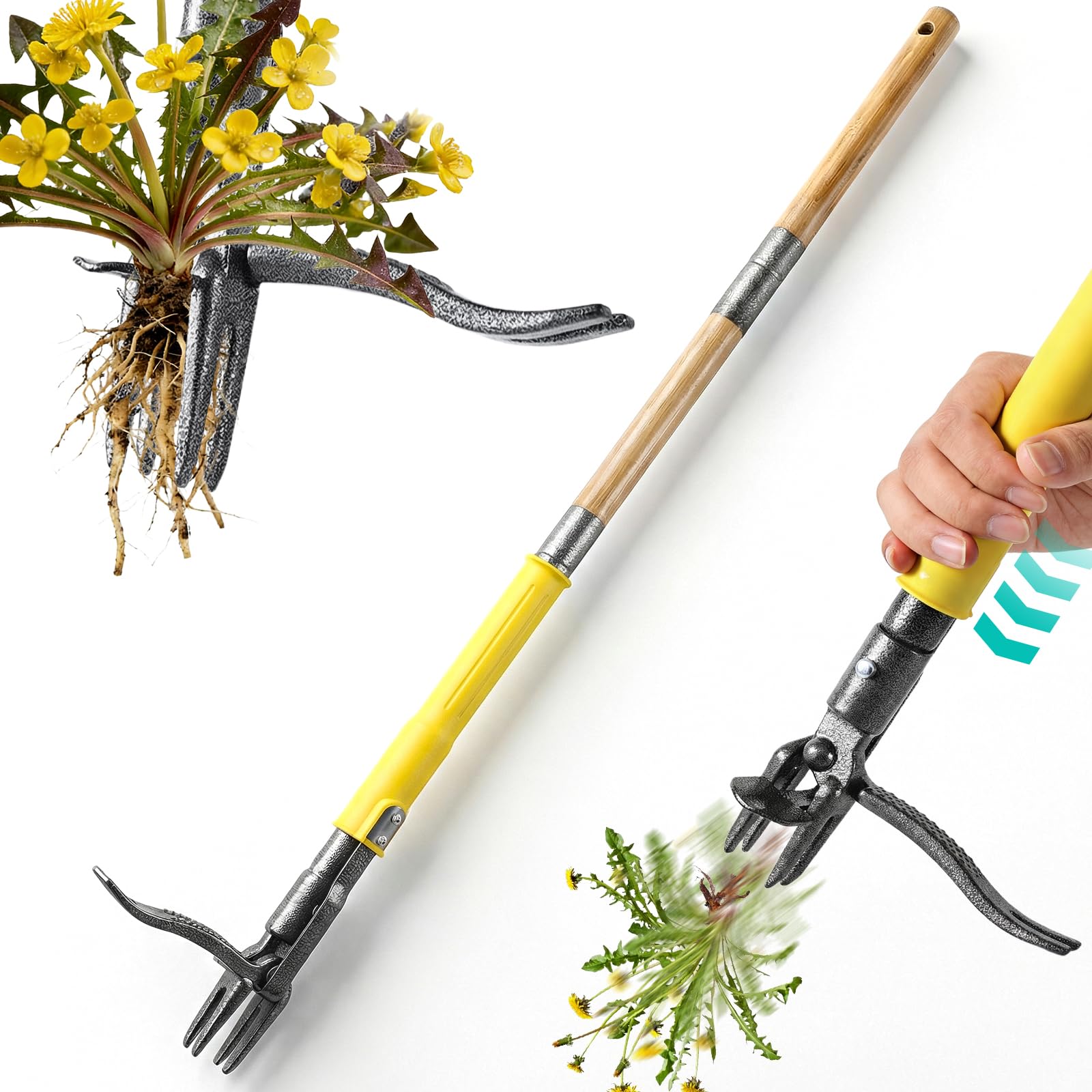Weed Puller Tool Stand Up with Slide-Release Ejection, Reinforced Steel Weeder with 3-Section Long Handle, No-Touch Cleaning for Lawn & Garden, Heavy Duty No Bend Weeding Tool for Dandelions, Thistles