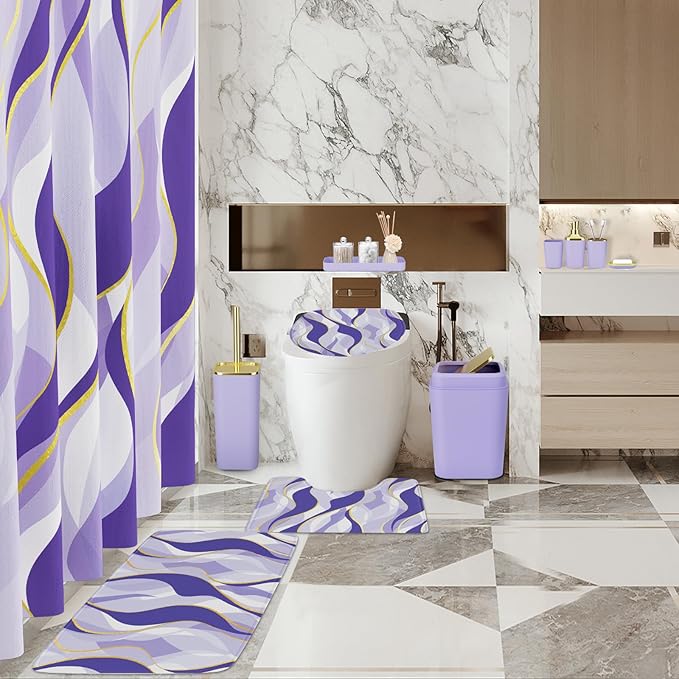Bathroom Set - Purple and Gold Bathroom Accessories, Bathroom Sets with Shower Curtain and Rugs, Purple Shower Curtain Set with Bathroom Trash Can, Soap Dispenser, Soap Dish for Home Decor