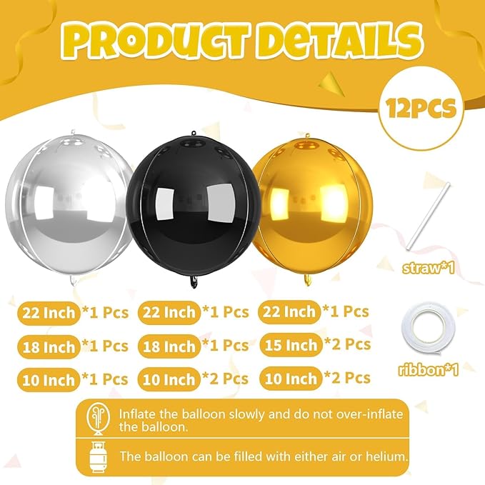 12Pcs Black and Gold Round Balloons Foil, 22" 18" 15" 10" 4D Round Ball Balloon, Giant Gold Black Silver Metallic Balloons for Graduation Wedding New Year Eve Prom Birthday Decorations Supplies